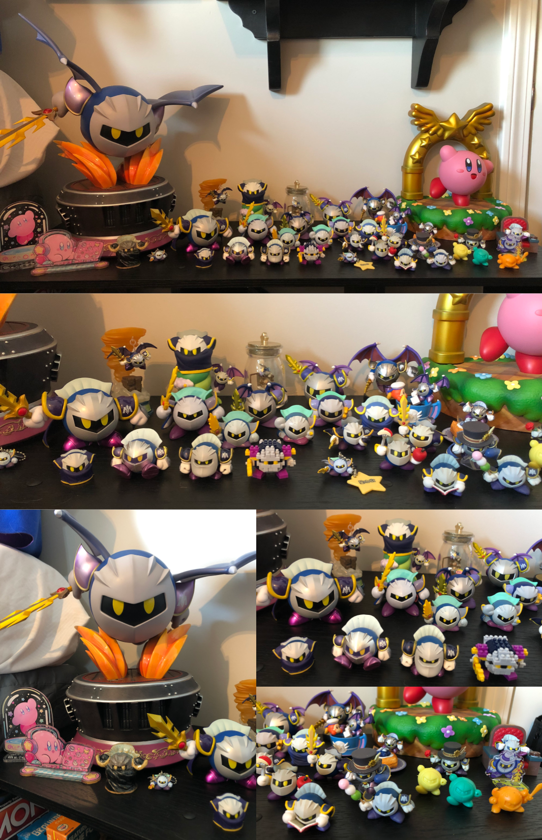 multiple photos of around 30 meta knight figures of various sizes on a black shelf. to the left is a large statue of meta knight flying